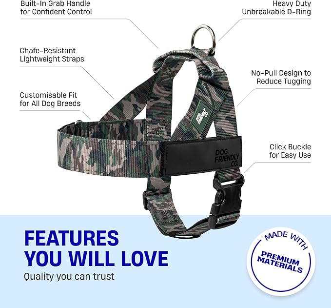 DF Co. Dog Harness | Chafe Resistant Webbing, Adjustable Neck & Chest, and Heavy Duty D-Ring | Sturdy, Comfortable, Easy to Use | Green Camo, Size M