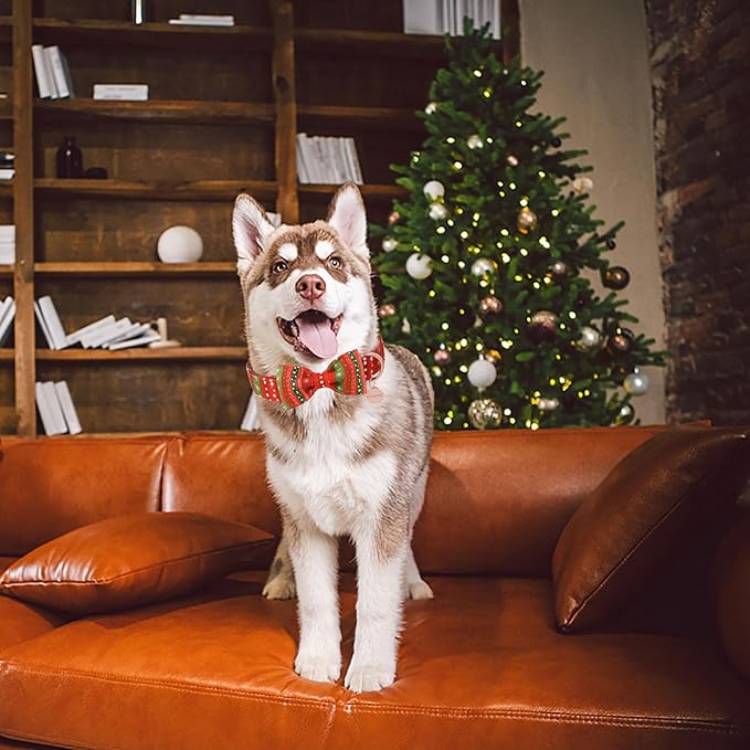 DOGWONG Christmas Dog Collar Bow Adjustable Girl Boy Red Strip Dog Collar Bow Tie Cute Christmas Red Dog Collar for Small Medium Large Dogs