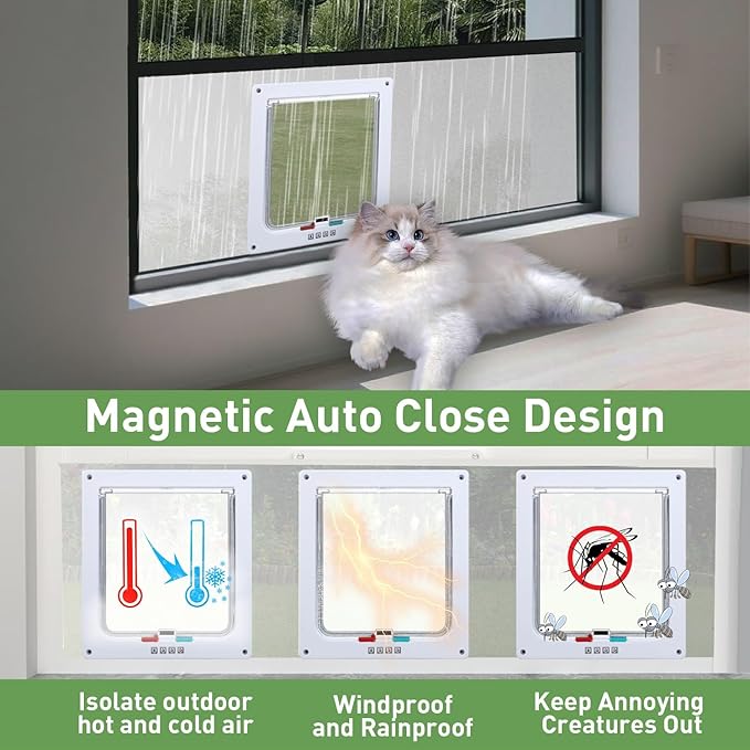 Cat Door for Window, Safety Cat Window with 4 Locking Modes, Fits 14"-32" Window, Pet Friendly Window Cat Door Insert, Ease of Installation, Magnetic Closure, Weatherproof Design, Frosted Plexiglass