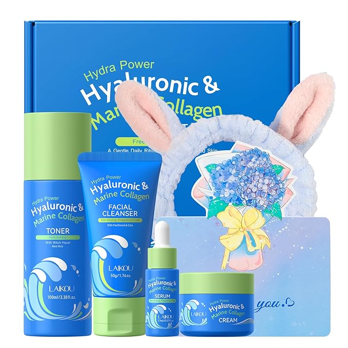LAIKOU Hydra Power Skin Care - Marine Collagen Skin Care Set - Gift Set for Women with Facial Cleanser, Serum, Toner, Cream, Headband and Greeting Card - Mother's Day, Christmas - Skincare Gift Set