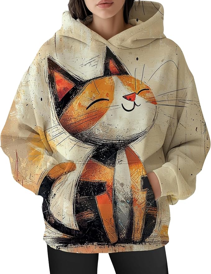 Womens Funny Cat Hoodies Oversized Graphic Hooded Sweatshirt for Women Fall Plus Size Pullover Hoodie Y2K