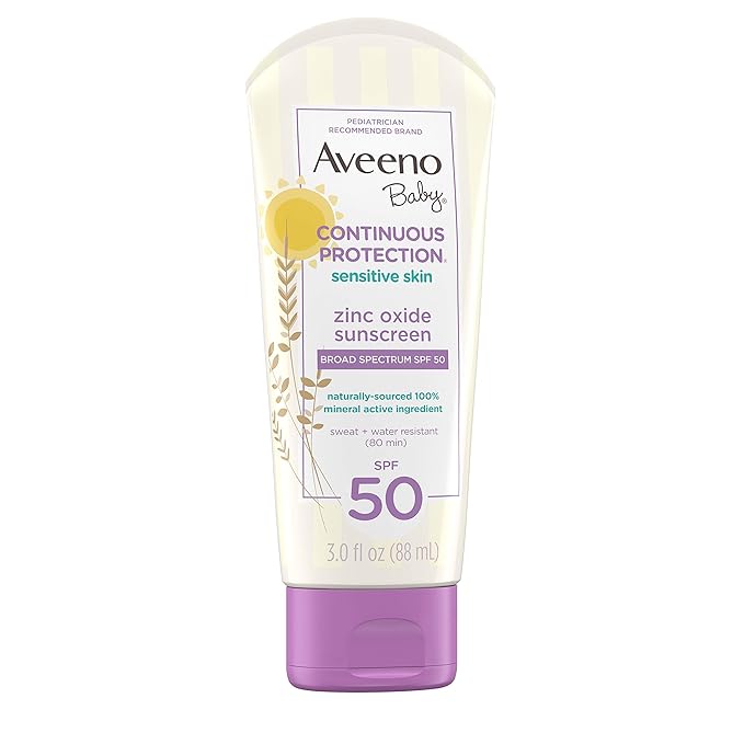 Aveeno Baby Continuous Protection Zinc Oxide Mineral Sunscreen Lotion for Sensitive Skin, Broad Spectrum SPF 50, Tear-Free, Sweat- & Water-Resistant, Paraben-Free, Travel-Size, 3 fl. oz