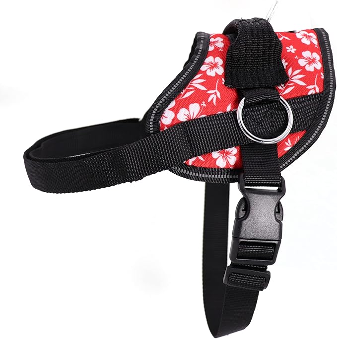 Bark Appeal Red Hibiscus No-Pull Dog Harness for Small to Medium Sized Pets – Adjustable, Reflective Vest with 3 Leash Clips for Added Control, Easy Walks & Training – Medium
