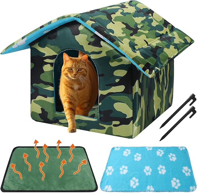 Outdoor Cat House Weatherproof Insulated Feral Cat Shelter Self Heating Pet House with Self Warming Pad Blanket Stake Winter Camouflage Collapsible Pet Shelter 14" x 13" x 12" (S Size)