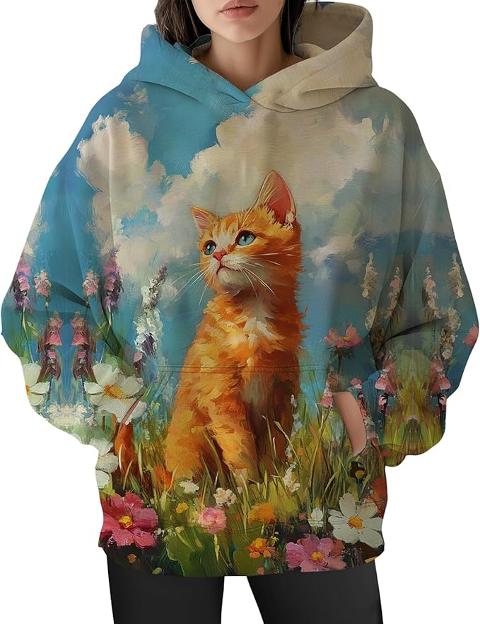 Womens Funny Cat Hoodies Oversized Graphic Hooded Sweatshirt for Women Fall Plus Size Pullover Hoodie Y2K