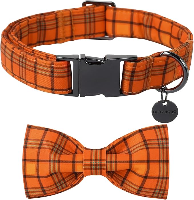 DOGWONG Fall Orange Plaid Dog Collar with Bowtie- Cute Designer Fall Checkered Dog Collars Adjustable Halloween Bowtie Dog Collar for Small Medium Large Dogs M