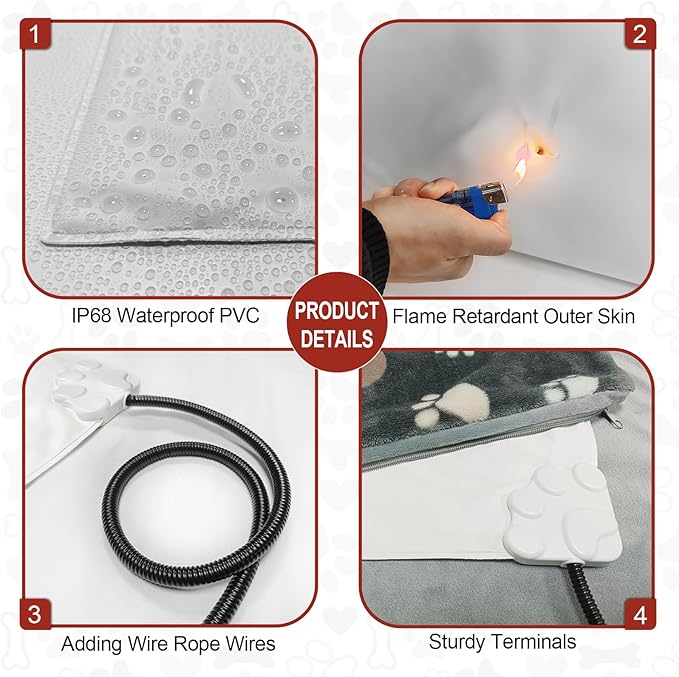 Cat Heating Pad 18x18 in with Smart Thermostat Switch and Power Line Protection Tube,Obtained MET and UL Dual Certification,Waterproof Pet Heating Pad for Cats, with Black Cloth Cover