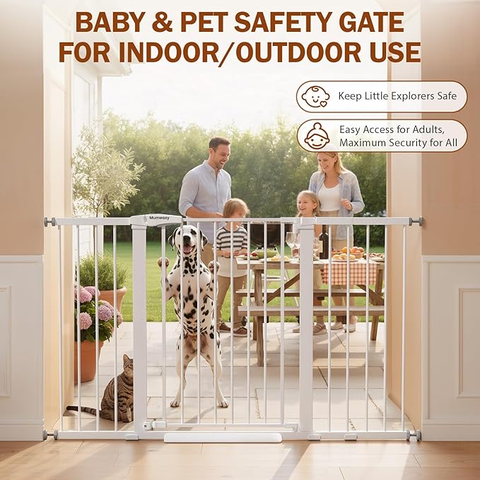Mumeasy 29.7-57" Extra Wide Baby Gate, Auto Close Large Dog Gate for Doorways, No Drilling Pressure Mounted Pet Safety Gate for Stairs, Easy Walk Through Child Gate for Hallways, House, Indoor, White