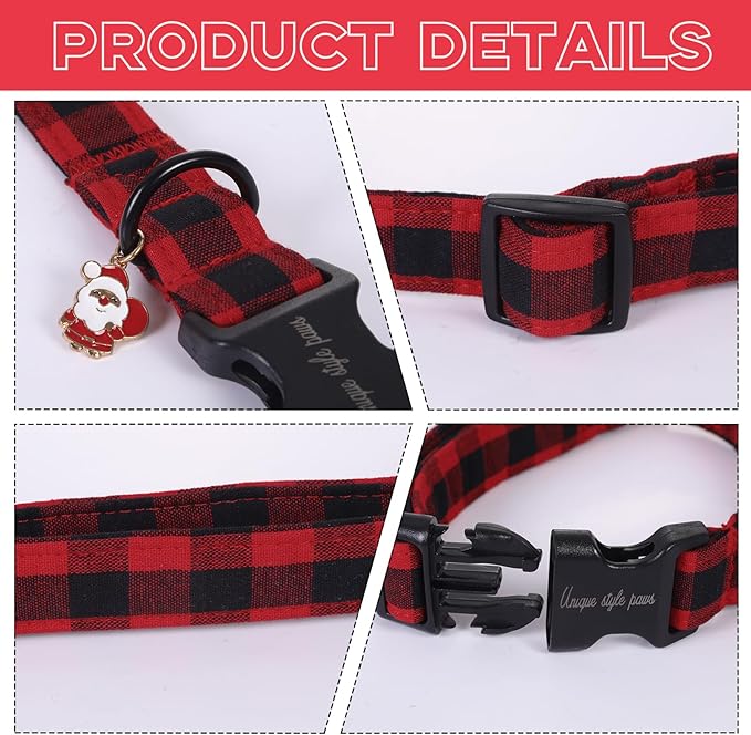 Unique Style Paws Christmas Dog Collar Plastic Buckle with Pendant Red Black Grid Cotton Puppy Collars for Small Medium Large Dogs