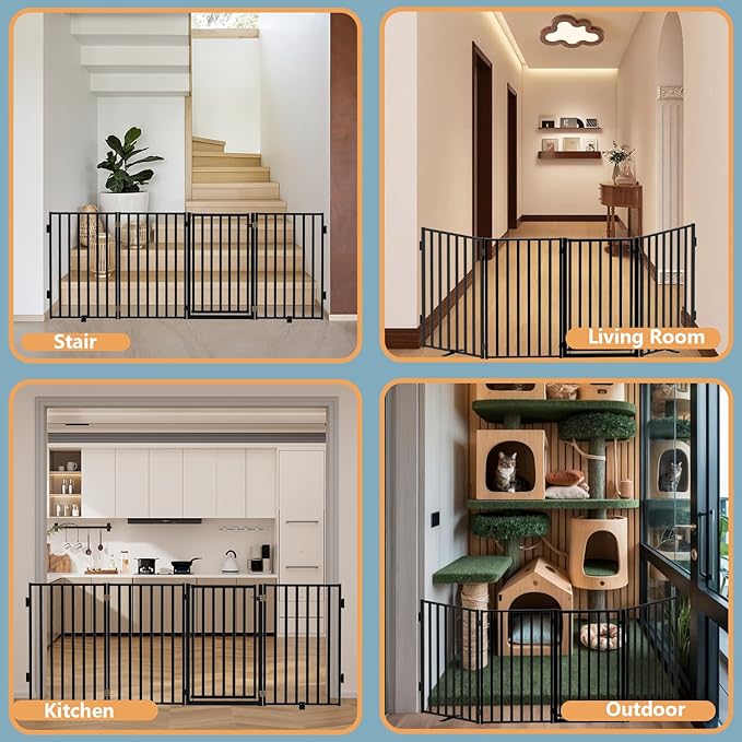 Full Metal Freestanding Dog Gates with Door, 32" Height Dog Fences for Indoor & Outdoor, Extra Wide Foldable Pet Gates for Stairs, Hallways, Doorways, Yard (4 Panels, 80" W × 32" H)