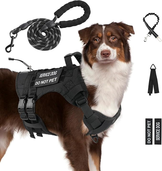 No Pull Tactical Dog Harness for Large Dogs, Escape Proof Molle Dog Vest Harness and Leash Set, Adjustable Military Service Dog Harness with Handle for Medium Large Dogs(Black, XL)