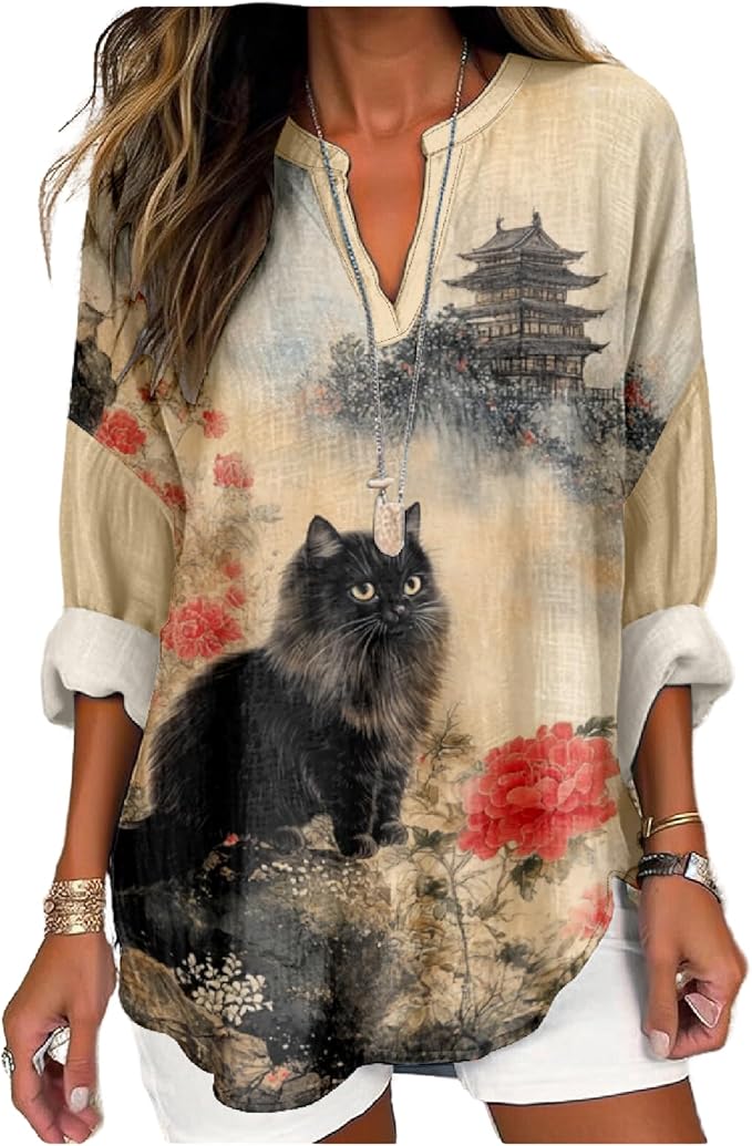 MARSVOVO Cat Shirts for Women Long Sleeve Cute Cat Pullover Graphic Novelty V Neck Blouse Oversized Funny Tunic Tops