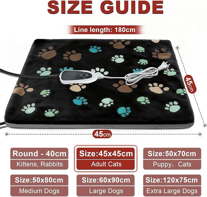 Cat Heating Pad 18x18 in with Smart Thermostat Switch and Power Line Protection Tube,Obtained MET and UL Dual Certification,Waterproof Pet Heating Pad for Cats, with Black Cloth Cover