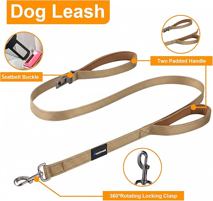 Annchwool No Pull Dog Harness,Heavy Duty Reflective Collar & Leash Set-Leash with Double Handle & Car Seatbelt Clip-Easy Control for Walking Training Medium Large Size Dogs(Brown,XL)