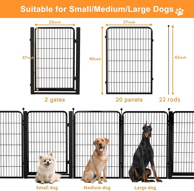 Wide Gate Dog Fence Outdoor Pens Outside,Portable Dog Play Pen 40" H 22 Panels Pet Playpen Exercise Pens for Puppys Small Medium Large Dogs RV Camping Yard Garden Indoor