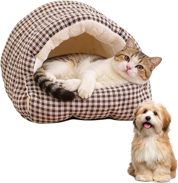 Cat Dog Cave Bed, 2026 New Winter Cave for Cat and Small Dog, Warm Plush Covered Cat House with Removable Cushion,Soft Calming Indoor Cat Bed (Brown Plaid, L(20 * 16 * 11inch)