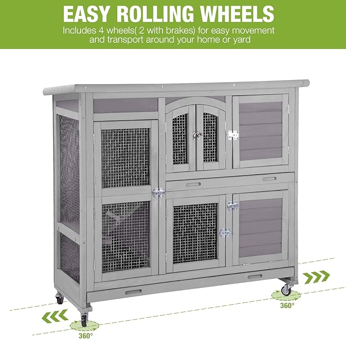 GUTINNEEN Rabbit Hutch Indoor Outdoor Bunny House Guinea Pig Cage on Wheel with Plastic Tray