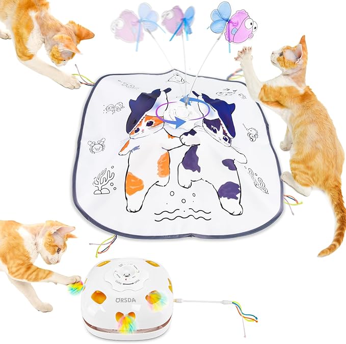 ORSDA Cat Toys for Indoor Cats, 5 in 1 Interactive Automatic Kitten Toys Rechargeable Electric Hide and Seek, Moving Feather, Whack-A-Mole, Spin Flying Teaser Wand Exercise Kicker, Gifts for Cat