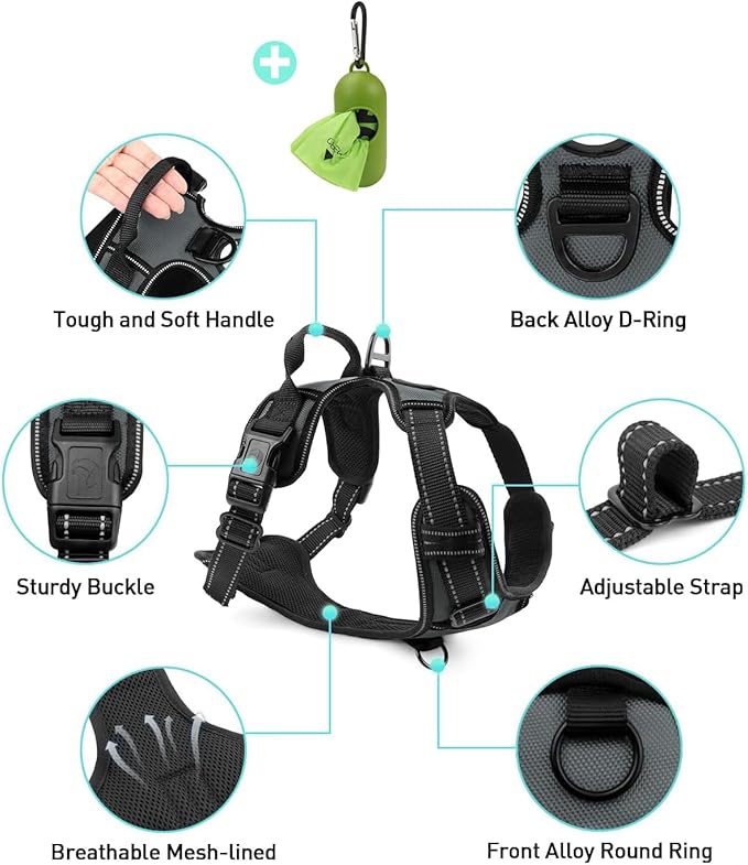 Joytale No Pull Dog Harness Medium Sized Dog, Reflective Pet Vest with Front Clip, Adjustable Soft Padded Harnesses with Easy Control Handle for Training and Walking, Gray, M