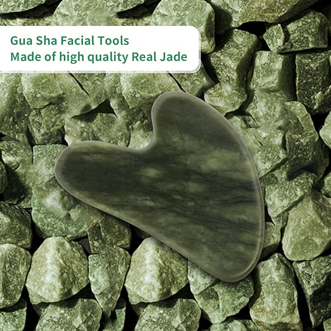 Gua Sha Facial Tools, Natural Jade Guasha Tool for Face,Double Chin & Jawline, Jade Gua Sha Stone Self-Skin Care Face Stone Gua Sha tools for Women Guasha Stone, Dark Green