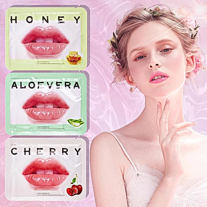 30Pcs Collagen Crystal Lip Masks, Honey & Cherry & Aloevera Lip Care Gel Pads Treatment, Moisturizing & Reducing Chapped, Anti-Aging & Wrinkles Lip Patches, Remove Dead Skin