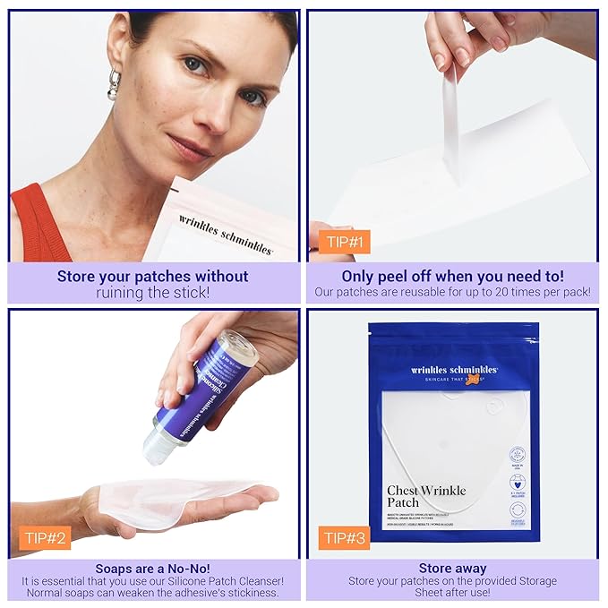 Wrinkles Schminkles Chest Wrinkle Patch & Cleanser Starter Pack - Set of Reusable Chest Silicone Wrinkle Patches + Patch Cleanser (2 oz) Maximise Uses - Smooth & Prevent Décolletage Wrinkles