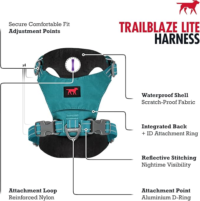 Tuff Pupper All-Day Wear Dog Harness | for Walking, Trail Running, Hiking | Front & Back Leash Clips | Reflective Trim | Easy On/Off Buckles | Lightweight Breathable | No Pull Design (XXS, Teal)