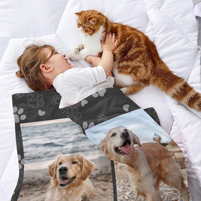Custom Throw Mermorial Blanket with Dog Cat Pet Pictures & Name, Dog Memorial Blanket Personalized Memory Gift for Family and Friends Customized Bed Throw Blanket Sympathy Remembrance Made in USA