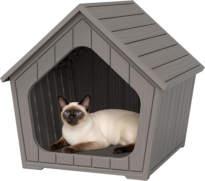 Outdoor Cat House Weatherproof, Plastic Cat House with Wide Entry, Feral Cat Shelter for Porch, Garden, Backyards, Garage, Neighborhood, Indoor(Gray)