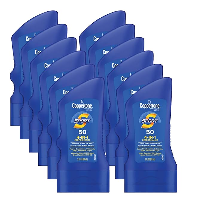 Coppertone Sport Sunscreen Lotion SPF 50, Water Resistant Body Sunscreen, Broad Spectrum SPF 50 Sunscreen, Bulk Sunscreen Pack, 3 Fl Oz Travel Size Bottles, Pack of 12