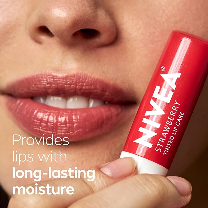 NIVEA Strawberry Lip Care, Red Tinted Lip Balm Pack with Shea Butter, Nourishing Oils and Vitamin C & E, 3-in-1 Moisture, Repair and Color, 0.17 Oz Stick, Pack of 4