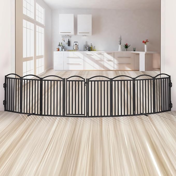 Malier Metal Freestanding Dog Gates with Door, 32'' Height Outdoor Indoor Dog Fences, Extra Wide Foldable Puppy Gate for Stairs (Black, 【8 Panels with Door】 160''W × 32''H)
