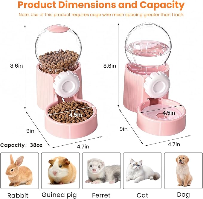 38oz Hanging Automatic Food Water Dispenser, Large Capacity Gravity Rabbit Water Dispenser and Feeder Set, for Bunny Guinea Pig Chinchilla Ferret Cage Accessories (Pink)