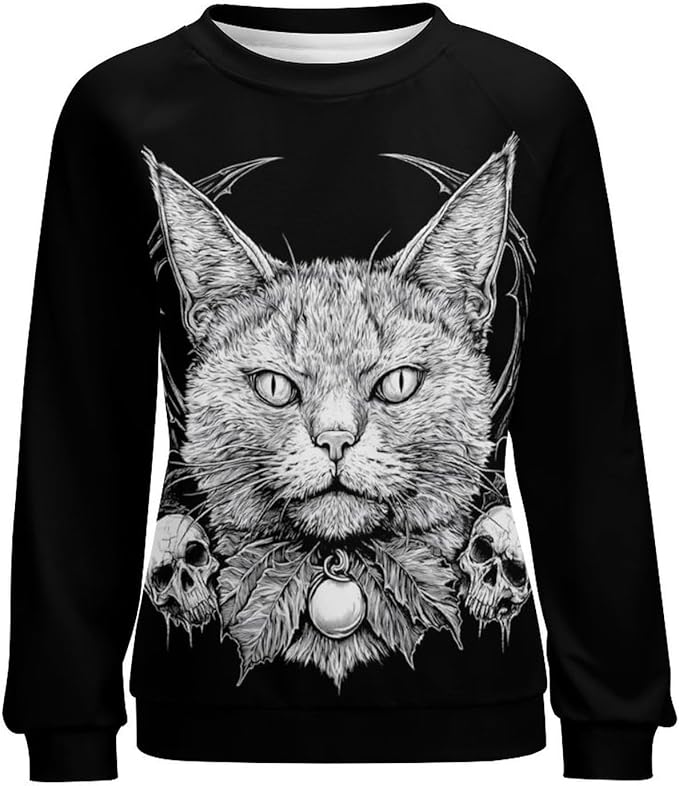 Halloween Sweatshirts for Women Black Cat Print Pullover Crewneck Oversized 2024 Fall Fashion Casual Warm Shirt