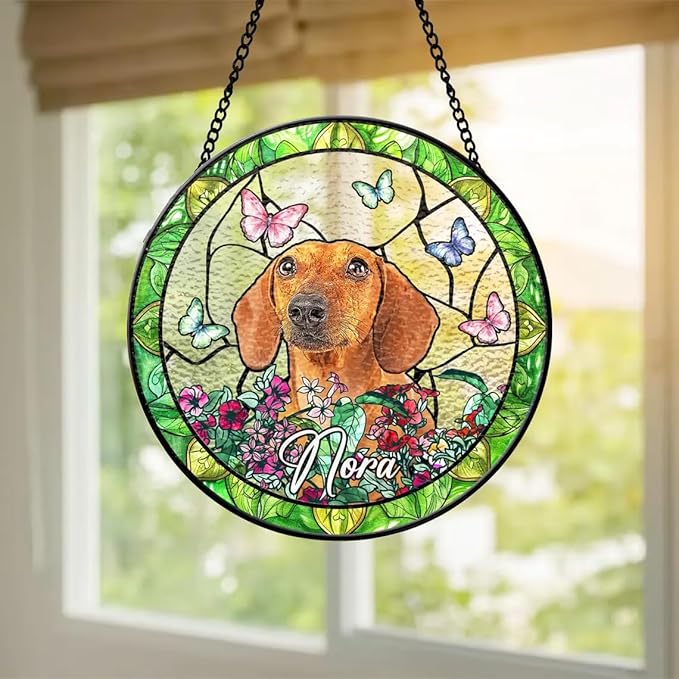 Custom Dog Portrait Stained Glass Window Hanging Light Catcher, Pet Memorial Stained Glass Photo, Dog Memorial Gift Pet Loss Sympathy Gift