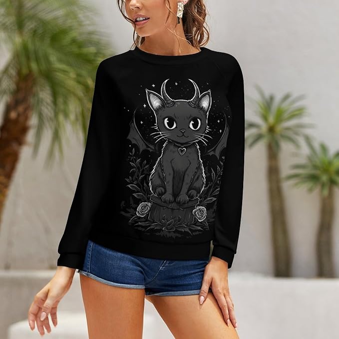 Halloween Sweatshirts for Women Black Cat Print Pullover Crewneck Oversized 2024 Fall Fashion Casual Warm Shirt