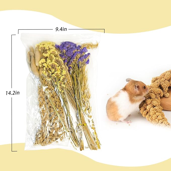Natural Hamster Flower & Herb Habitat Deocr, Edible Hamster Sprays Flowers Bedding Mate, Hamsters Cage Enrichment Decoration Accessories for Gerbil Dwarf Syrian Hamsters Guinea Pig Mice