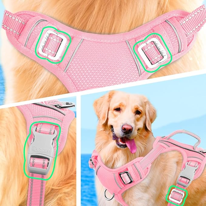 BARKBAY No Pull Dog Harness Large Reflective Dog Harness with Front Clip and Easy Control Handle for Walking Training Running with ID tag Pocket(Baby Pink,M)