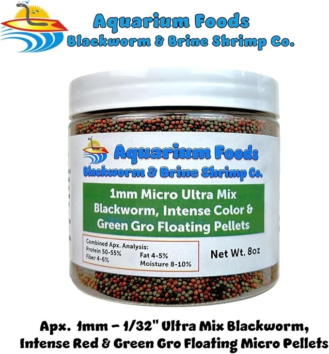Aquatic Foods Inc. Blackworm, Intense Coloring, Spirulina 1mm Premium Floating Pellets for Small & Baby Cichlids, Discus, All Tropical Fish, Koi & Pond Fish…8oz Medium Round Jar