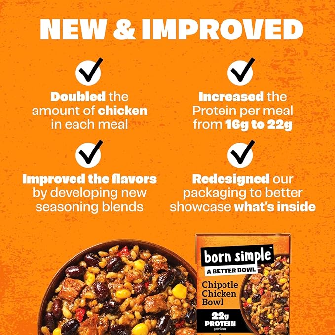 Born Simple Ready to Eat Meals with Sporks, Chipotle Chicken Bowl, Improved Recipe - 22g Protein, Prepared Meal, Microwavable Entree, 11 oz (Pack of 6)