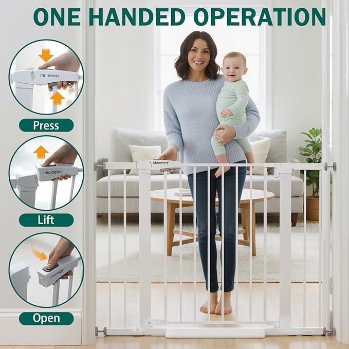 Baby Gate for Stairs, 26-40" Auto Close Dog Gate for Doorways, Pressure Mounted Child Gate with Walk Thru Door, Easy Install Safety Gate for Children and Pets, White