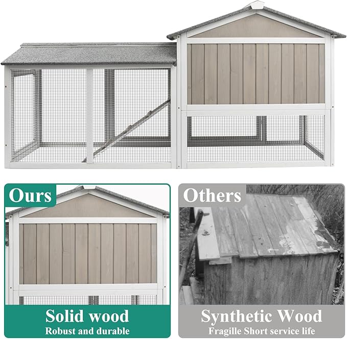 Rabbit Hutch Indoor Bunny Cage Outdoor Bunny Hutch with Pull Out Tray, Wooden Large Rabbit Cage with Run Weatherproof Roof, Guinea Pig Hutch (Grey, 110.2" L x 17.7" W x 33.4" H)