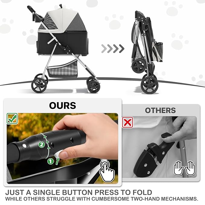 MoNiBloom 3 in 1 Foldable Pet Stroller for Small & Medium Dogs, Detachable Carrier, Car Seat, Push Button Entry, 4-Wheel Jogger for Pets up to 33 lbs, Black