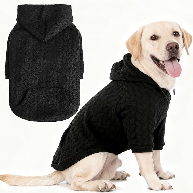 EXPAWLORER Textured Cable Knit Basic Dog Hoodie, Elevated Style Dog Sweater with Leash Hole and Pocket, Soft and Warm Pet Winter Coat, Cold Weather Clothes for Small Medium Large Dogs Cats,Black XXL