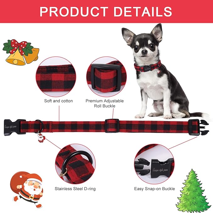 Unique Style Paws Christmas Dog Collar Plastic Buckle with Pendant Red Black Grid Cotton Puppy Collars for Small Medium Large Dogs