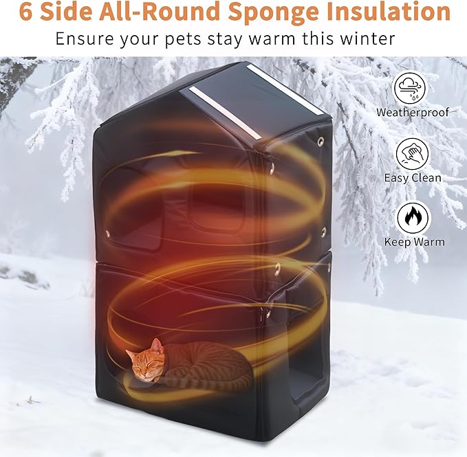 Rockever Outdoor Cat House with Insulated Liner, 100% Insulated Cat Houses for Winter Outside, 2 Story Waterproof Cat House For Outdoor Cats, Sturdy Stainless Steel Bowl & Scratching Post,Clean Easily