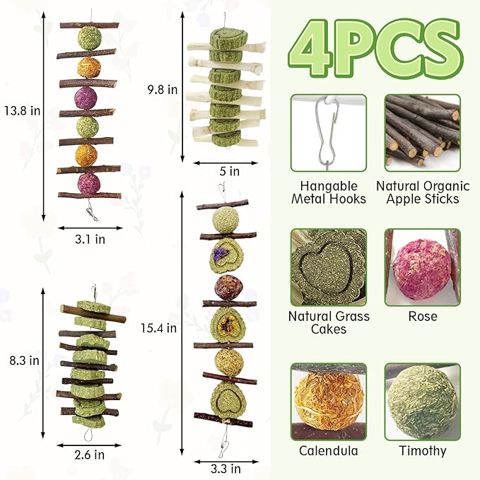 Hamiledyi 4PCS Bunny Chew Toys Rabbit Toys for Teeth Grinding Natural Fruit Sticks Organic Timothy Grass Cakes Chew Toys and Treats for Rabbit Bunny Guinea Pig Hamster Chinchilla
