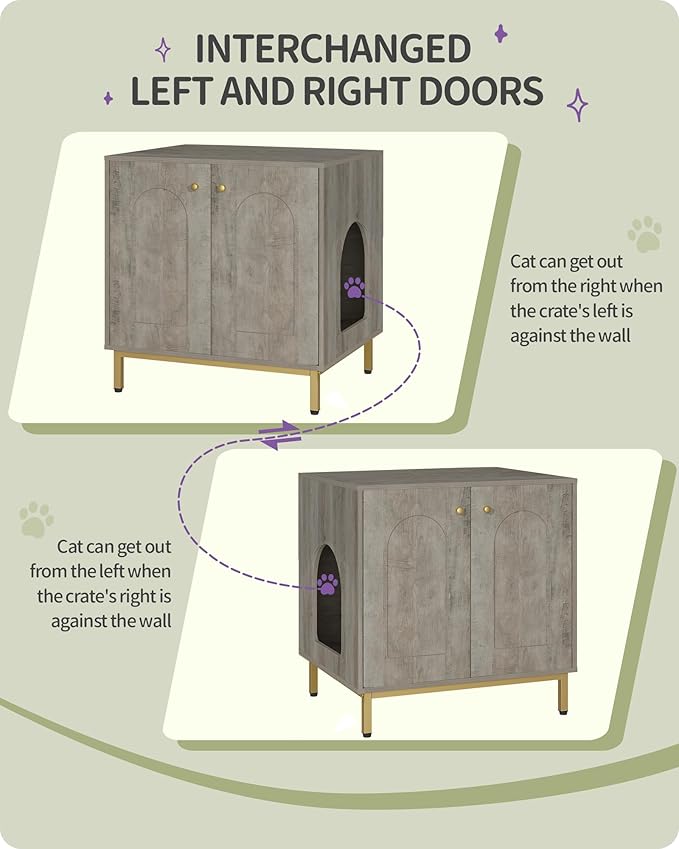 Cat Litter Box Enclosure, Hidden Litter Box Furniture Cabinet, Wooden Indoor Cat House, Side End Table, Living Room, Bedroom, Greige and Gold CB81205G
