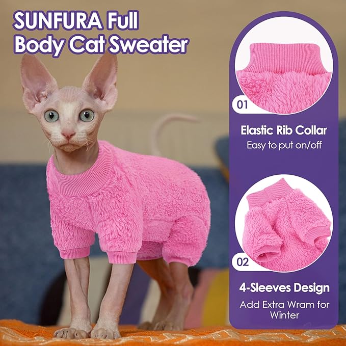 SUNFURA Sphynx Hairless Cat Sweater, Full Body Warm Fleece Sweaters with Sleeves for Cats, Soft Turtleneck Cat Clothes, Cozy Pullover Pajamas for Hairless Cats Devon, Donskoy & Small Dogs, Hot Pink L