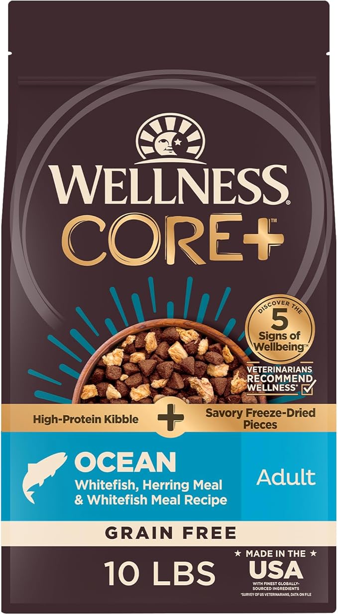 Wellness CORE+ Dry Dog Food with Freeze Dried Pieces, Grain Free, High Protein, Natural, Ocean Whitefish, Herring, & Salmon Recipe, (10-Pound Bag)